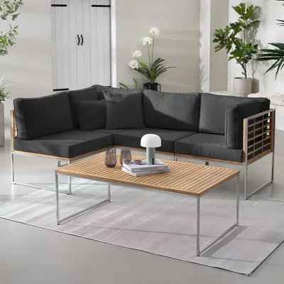 Produktbild von home24 Loungeset - 5-teilig - Webstoff / Teak Massiv