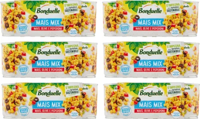 Produktbild von 6x Bonduelle Mais Mix Mais Olive e Peperoni Süßer und Knuspriger Mais mit Oliven und Peperoni ( 3 x 170g )