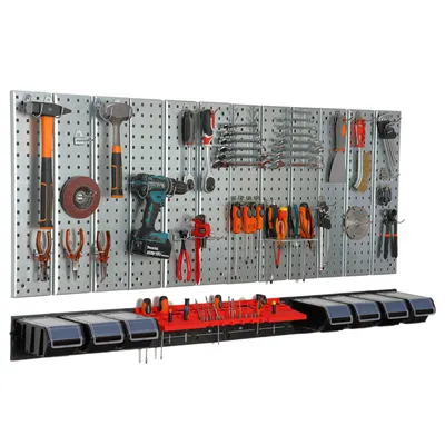 Immagine prodotto di Parete portautensili 156x72 cm Sistema di stoccaggio in metallo con portautensili Ganci portautensili e 7 scatole di impilamento 120 x 200 x 90 mm Colore: nero Pannello forato Officina Garage Pioliera Utensili elettrici Parete forata
