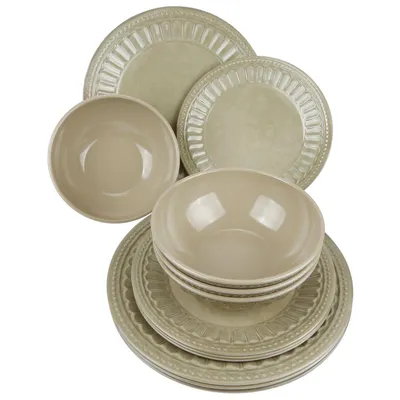 Produktbild von Melamin Campinggeschirr Set [Vintage beige] für 4 Personen – 12-teilig – bruchsicher, BPA-frei – ideal für Camping, Outdoor & Wohnmobil