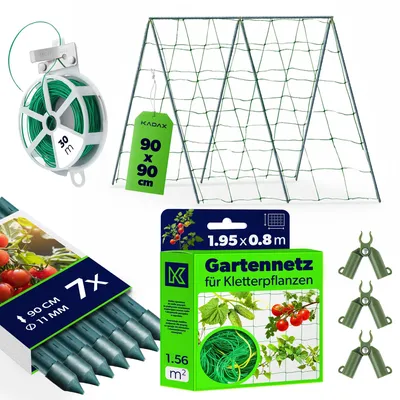 Produktbild von KADAX Gurken Rankhilfe Set – 7 x Pflanzstab 90 cm, Ranknetz 1,8 x 1,8 m, 3 x Pflanzstab-Verbinder, 30 m Gartendraht – Gurkengitter, Rankgitter, Gurkenspalier