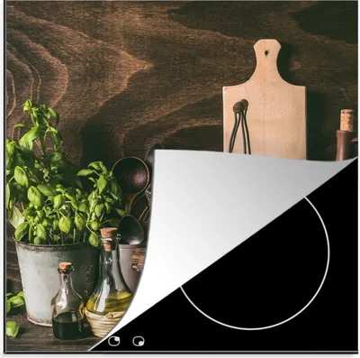 Produktbild von KitchenYeah© Herdabdeckplatte Gemüse - Kräuter - Rustikal - Stilleben - Basilikum , 78x78cm, Küche Deko, Glaskeramikkochfeld Herdabdeckung, Abdeckplatte fùr Kochfeld