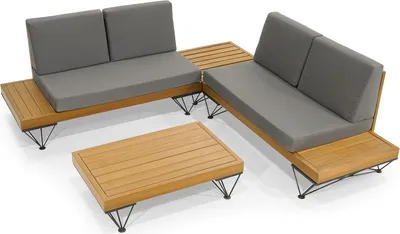 Produktbild von Grau-Braune Gartensitz Möbel Robuster Holz Couchtisch Luxus Eckbank 2tlg