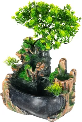 Produktbild von Tischbrunnen mit Wasserfall - Berglandschaft mit Bonsai - 220V EU-Stecker - 2W - Mit Pumpe - Kunstharz - 19×13×28,5 cm - Mehrfarbig