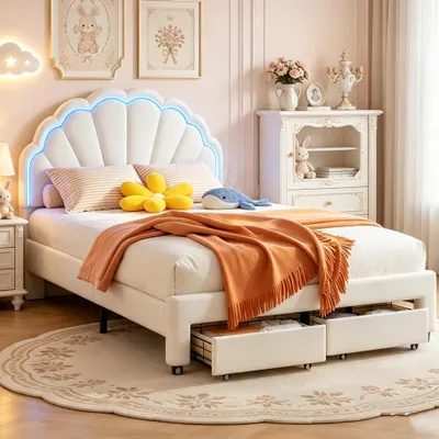 Produktbild von INONEFT Kinderbett Polsterbett 140 x 200 cm, Doppelbett mit Kopfteil in Blütenblattform, Jugendbett mit LED-Beleuchtung, Bettgestell, Samt, Weiß