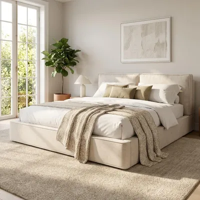 Produktbild von Flieks Hydraulisches Polsterbett 180x200cm mit Stauraum, Doppelbett mit gepolstertem Kopfteil, Stauraumbett Holzbett Jugendbett, Chenille, Beige