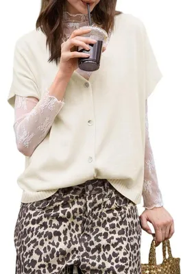 Produktbild von Imily Bela Damen-Frühlings-Oversize-Cardigans, Fledermausärmel, kurze Ärmel, leichtes Material, Knopfleiste, V-Ausschnitt, lässige Strickpullover-Tops