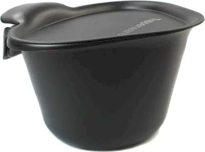A black Tupperware trash bin with a lid.