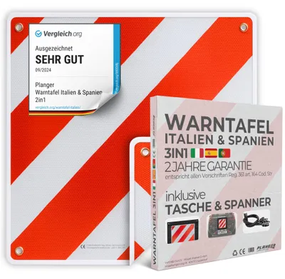 Productafbeelding van PLANGER® - Waarschuwingsteken voor Italië en Spanje, en Portugal, 3-in-1 (50 x 50 cm) (bord + tas + spanband) - Reflecterend waarschuwingsbord, rood-wit, voor bagagedragers en fietsendragers