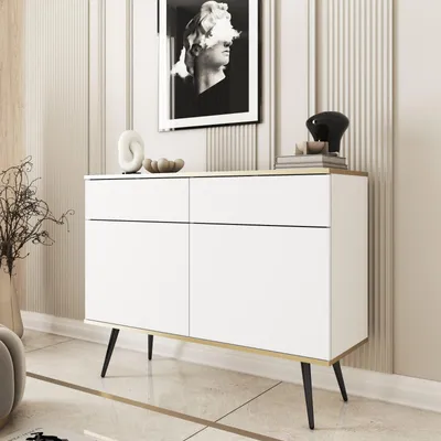 Productafbeelding van Kommode/dressoir FORNO, wit, goud, glamour, Art Deco, met 2 deuren en 2 lades, zwarte poten