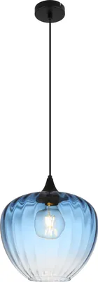 Produktbild von Globo Lighting Hängeleuchte Metall schwarz matt, Glas blau, klar verlaufend, Kabel PVC schwarz, Höhe kürzbar, Glas mit Rillen, ø: 290mm, H: 1200mm, exkl. 1x E27 40W 230V