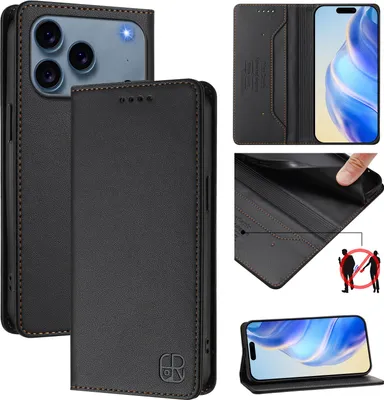 Produktbild von Lederhülle für iPhone 17 Pro Max Hülle Flip Brieftasche Kartenfächern Ständer Schutzhülle Schwarz