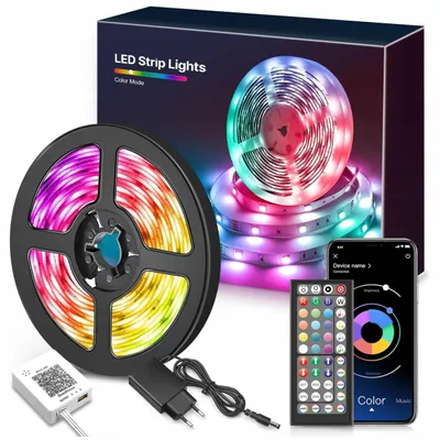 Immagine prodotto di Striscia LED RGB multicolore da 15 m con telecomando Bluetooth, app e alimentatore