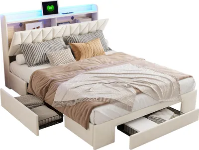 Produktbild von Doppelbett 140 x 200 cm, gepolstert mit Schubladen und Stauraum, Kopfteil, USB-Anschluss und verstellbarer LED-Beleuchtung, Beige