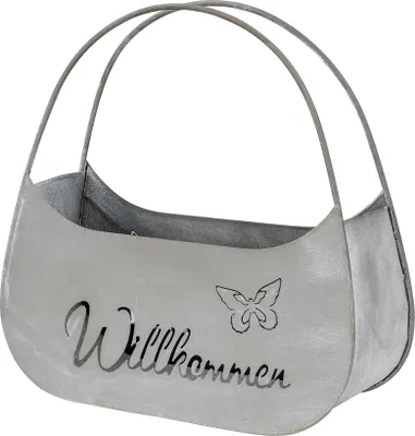 Produktbild von Blumentopf Tasche Willkommen L25cm Grau Metall Pflanztopf Garten-Deko Blumen