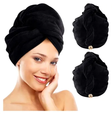 Produktbild von XL Mikrofaser Haarturban mit Knopf, schnelltrocknend und saugfähig, 2 Stück, Schwarz