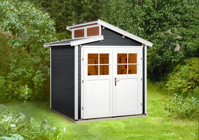 Produktbild von WEKA 226.2121.16400 Gartenhaus/Blockbohlenhaus Luna mit Doppeltür ; Größe: 1 ; Farbgebung: Anthrazit ; Wandstärke: 21 mm ; Maße (LxBxH): 209 cm x 205 cm x 252 cm ; Seitenwandhöhe: 197 cm