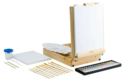 Produktbild von Tischstaffelei im Koffer, 51-teilig, Acrylfarbe, Leinwand
