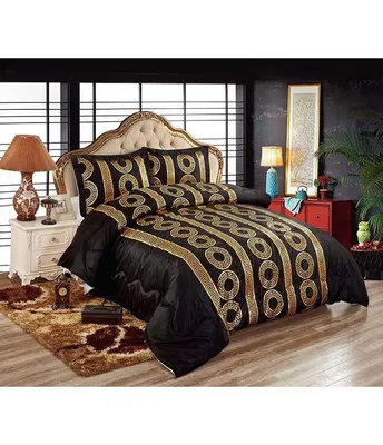 Produktbild von Tagesdecke 3 Teilig Bettwäschen Set Tagesdecke 230x250 cm für 2 Personen Doppelbett Schwarz-Gold