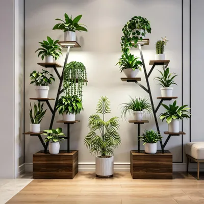 Produktbild von INONEFT 6 Ebenen Blumenständer mit Wachstumslichtern,Metall Holz Pflanzenregal ,Innen Blumentreppe,2 STÜCK