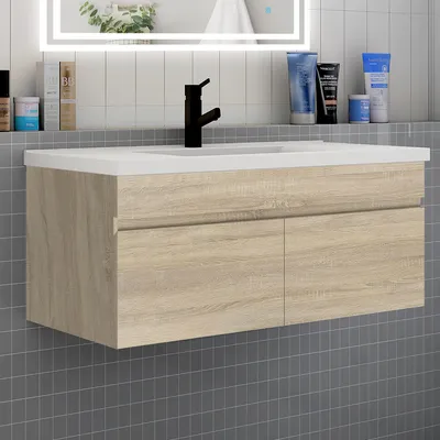Produktbild von Badezimmer Badmöbel 100 cm Keramik Waschtisch mit Unterschrank Hängeschrank Badezimmerschränke Badschrank mit 2 Türen Eiche