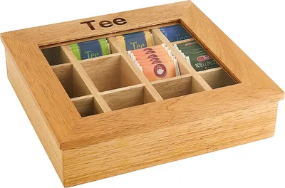Produktbild von APS große Teebox helle Holzbox mit Sichtfenster Acryl und 12 Kammern