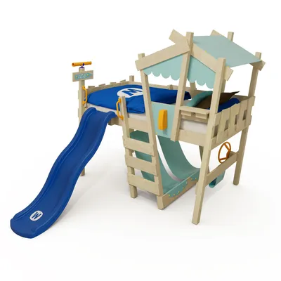 Image de Lit mezzanine pour enfants Wickey « CrAzY Snuggy » en forme de maison avec toboggan - Bleu