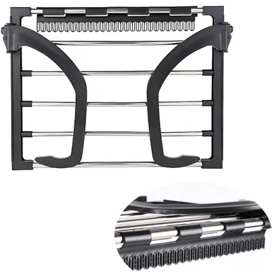 A close-up view of a radiator drying rack with multiple silver bars and black plastic supports.