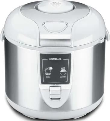 A close-up studio shot of a silver and white rice cooker.