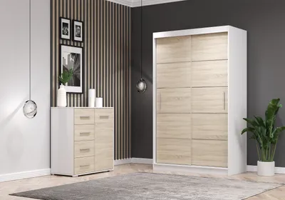 Produktbild von 2er-Set Schwebetürenschrank Schrank Kleiderschrank mit Spiegel Weiß/Sonoma 120cm  Neomi 06  mit Kommode 90cm FRIDA MINI 01