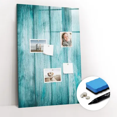 Produktbild von Magnetische Wandtafel - Schwarzer Marker + Schwamm + Magnete - 60 x 90 cm - Blaues Holz