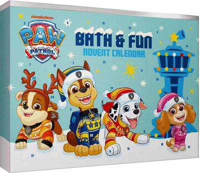 A Paw Patrol themed advent calendar for bath and fun, featuring characters in festive attire.