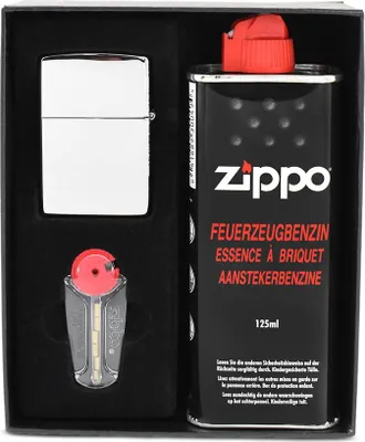 Zdjęcie produktu dla Zestaw prezentowy - Zapalniczka Zippo High Polish Chrome 250 + Benzyna + Kamienień