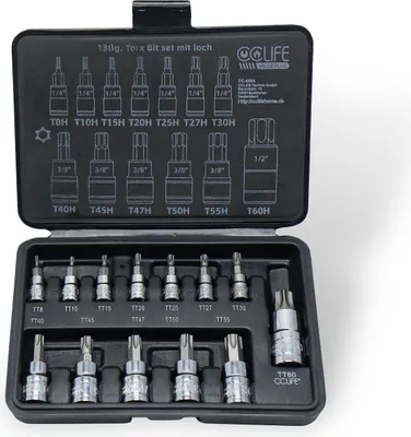 Produktbild von CCLIFE 13tlg Torx Bit Steckschlüsselsatz T8H - T60H bit set fur Drehmomentschlüssel und Bohrer, S2 Legierungsstahl