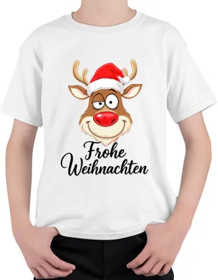 Produktbild von Frohe Weihnachten Rentier Rudolph Weihnachtsmütze Lustig Cartoon Uni Kinder T-Shirt, Weiß, 140