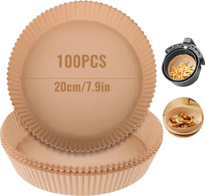Produktbild von 100 Stück Backpapier für Heißluftfritteuse, Rund 20CM Airfryer Backpapier, Antihaft, Öl und Wasserdicht, Einweg Luftfritteusen Pergamentpapier, Air Fryer Paper für Airfryer, Backofen, Ofen, Mikrowell