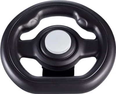 A black steering wheel with a white center button, shown from the front.