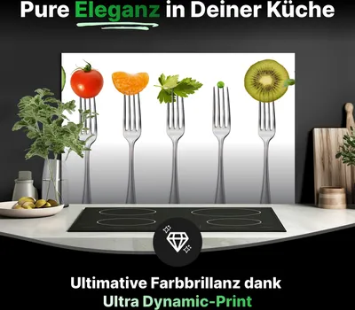 Produktbild von Spritzschutz Küchenrückwand Glas 90 x 50 cm Obst & Gemüse auf Gabeln - RUECKWAND24