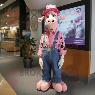 Produktbild von Rosafarbene REDBROKOLY Kuh Maskottchen Kostüm figur bekleidet mit einem Chambray-Hemd und Hutnadeln