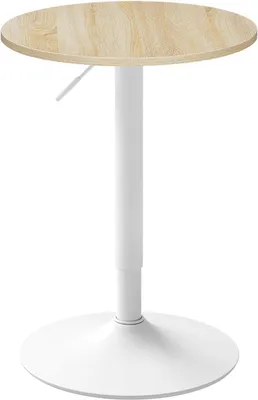 A round, height-adjustable bar table with a light oak top and a white metal base, presented against a white background.