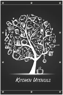 Produktbild von Wallario Outdoor-Poster für Garten oder Balkon, Motiv Kitchen Utensils - Baum aus Küchenutensilien in schwarz weiß, in ca. 80 x 120 cm
