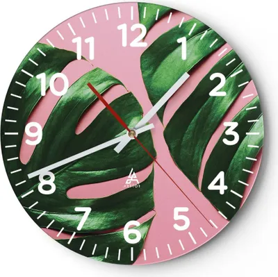 Produktbild von Wanduhr - Rund - Glasuhr - Monstera Blatt Rosa - 30x30cm - Schleichendes Uhrwerk - Lautlos - zum Aufhängen bereit - Dekoration Modern - Wanddekoration aus Glas - C4AR30x30-4407