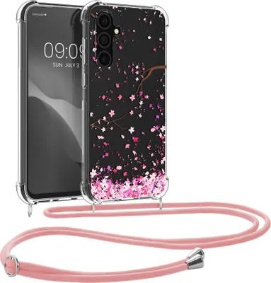 Produktbild von kwmobile Necklace Case kompatibel mit Samsung Galaxy S23 FE Hülle - Silikon Cover mit Handykette - Rosa Dunkelbraun Transparent Kirschblütenblätter