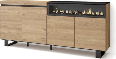 Image de COZY Buffet salon et cuisine, 200x35x87cm, 4 Portes, Cheminée électrique, Chêne et noir