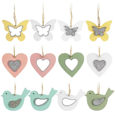Produktbild von com-four® 12x Dekoaufhänger aus Holz mit Glitzer - Schmetterling, Herz und Vogel zum Aufhängen - Frühlingsdekoration