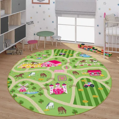 Produktbild von TT Home Kinder-Teppich, Spiel-Teppich Für Kinderzimmer, Landschaft und Pferde, In Grün Größe 160 cm Rund