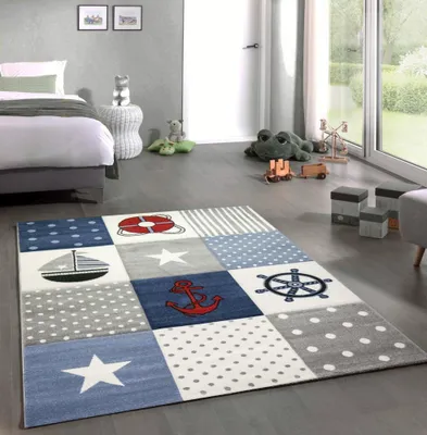 Produktbild von Kinderteppich Spielteppich Kinderzimmer Jungen Maritim Meer kariert blau Größe - 160x230 cm
