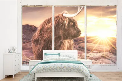 Produktbild von MuchoWow® Fototapete für Wohnzimmer oder Schlafzimmer Wandtapete Vinyl Motivtapete Schottischer Highlander - Aussicht - Sonnenuntergang - 450x300 cm - Gemusterte