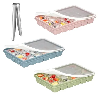 Produktbild von Eiswürfelbehälter mit Deckel, 3 Stück, aus Silikon, mit 24 Fächern für Eiswürfel
