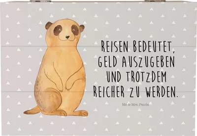 Produktbild von Mr. & Mrs. Panda Box Erdmännchen 22 x 15 cm - Grau Pastell - Geschenk, Spruch, Afrika, geschenkkiste, Geschenkbox, Roadtrip, Reisen, Holzkiste mit Deckel, fotobox